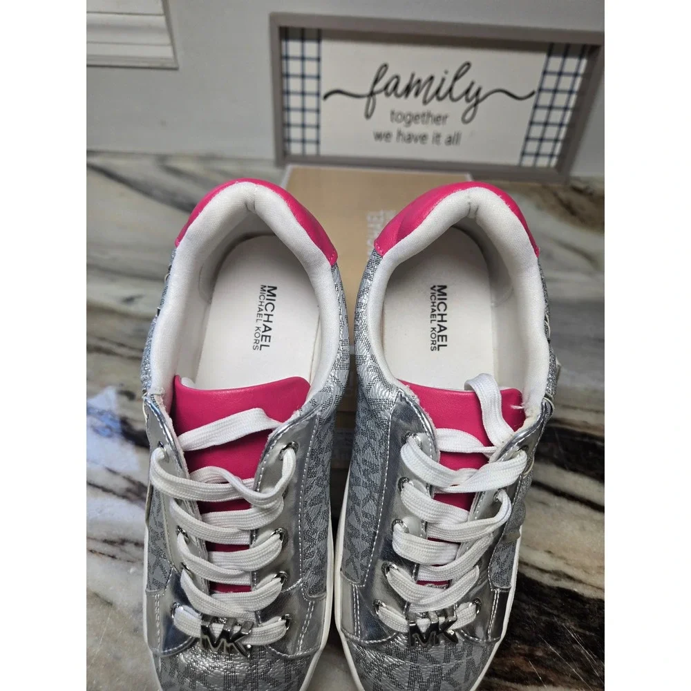 Michael Kors Jordana Airin Silver Pink Metallic Logo Sneakers MK100918C Size 3Y
